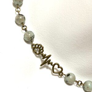 Light Teal Kiwi Jasper Short Necklace, Gemstone & Bronze Paw Print Heart Beat